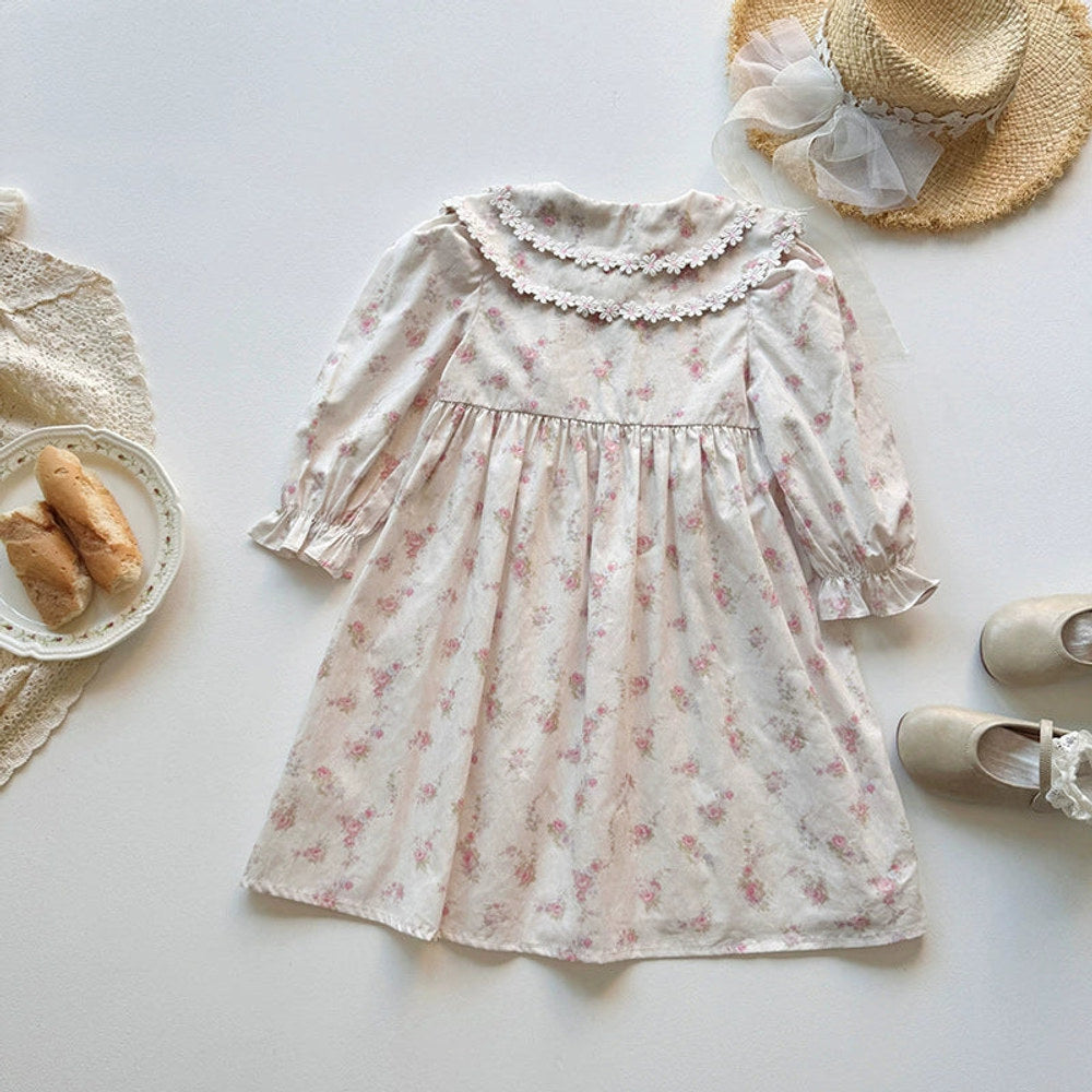 MyKids-USA® Baby Kids Girls Floral Pattern Long Sleeves Dress with Double-Layer Collar