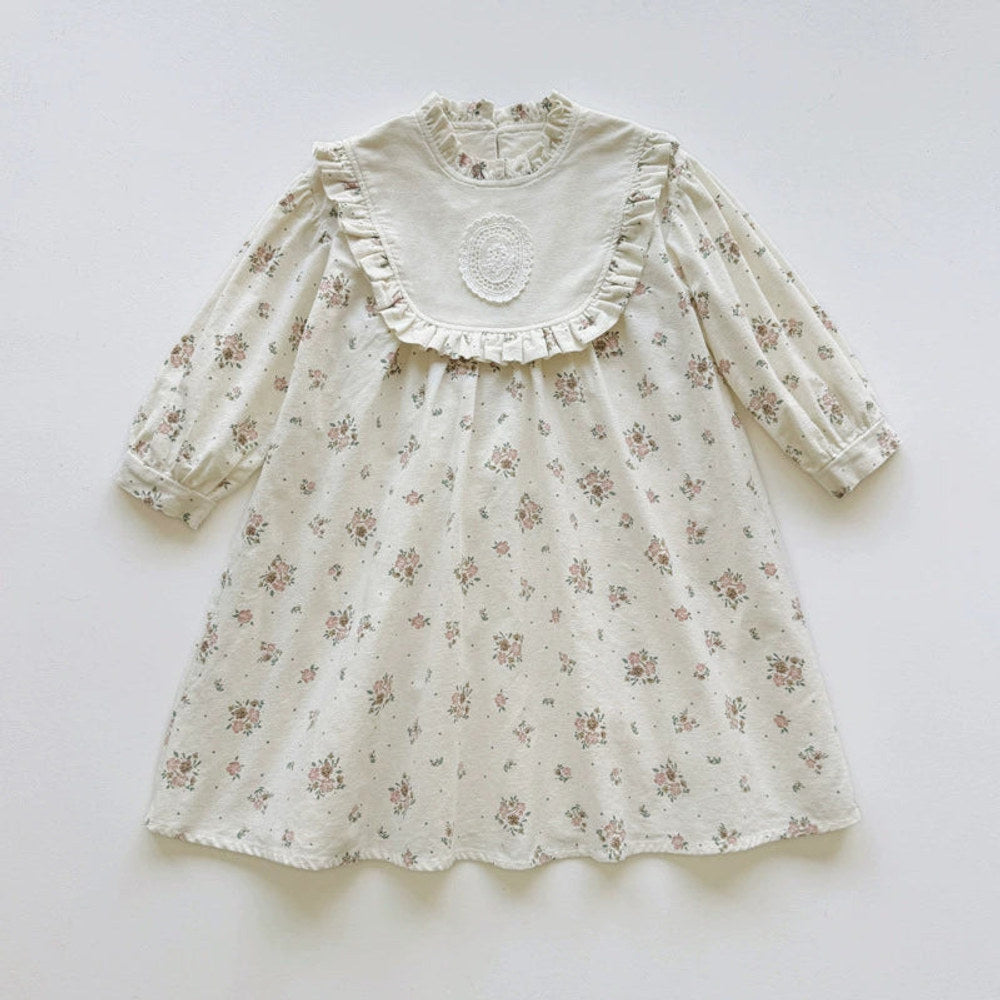 Autumn Arrival Baby Kids Girls Floral Pattern Long Sleeves Ruffle Neck Dress