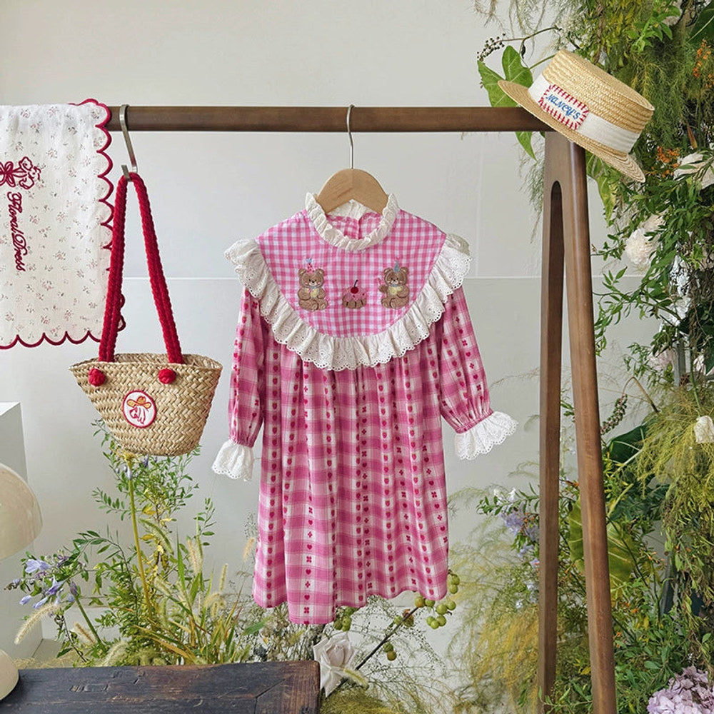 MyKids-USA® Baby Kids Girls Cartoon Teddy Bear Pattern Long Sleeves Plaid Dress