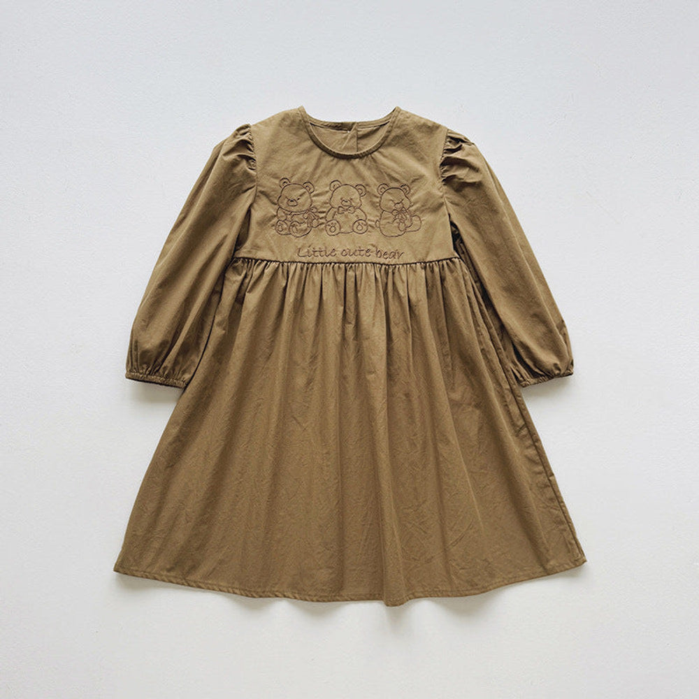 MyKids-USA® Baby Kids Girls Teddy Bear and Letters Pattern Long Sleeves Crew Neck Dress