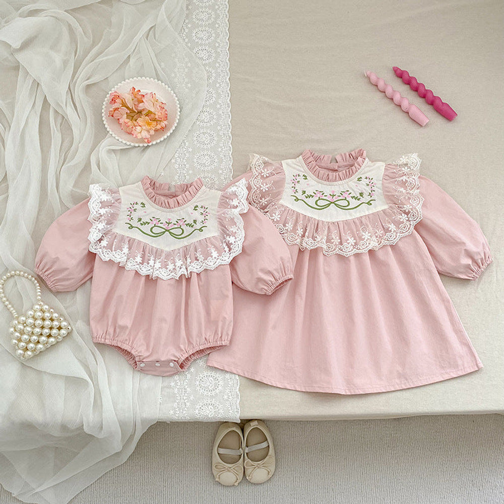 MyKids-USA® Baby Kids Girls Flowers Embroidered Pattern Long-sleeved bodysuit and Dress – Princess Sister Matching Set