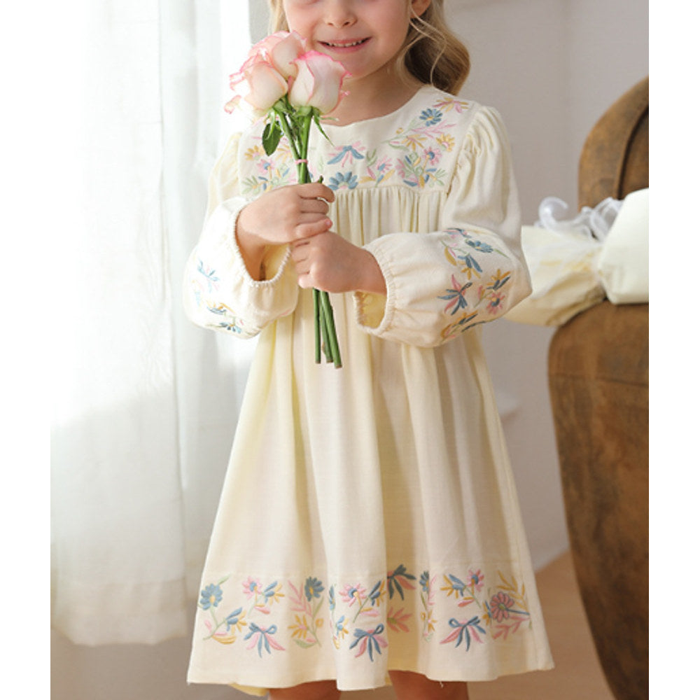 MyKids-USA® Vintage Flowers Embroidered Long-sleeved Dress for Stylish Girls