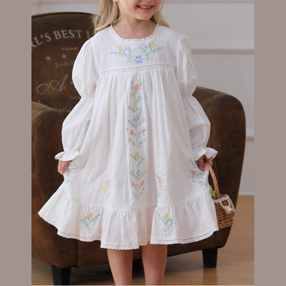 MyKids-USA® Vintage Flowers Embroidered Long-sleeved Dress for Stylish Girls