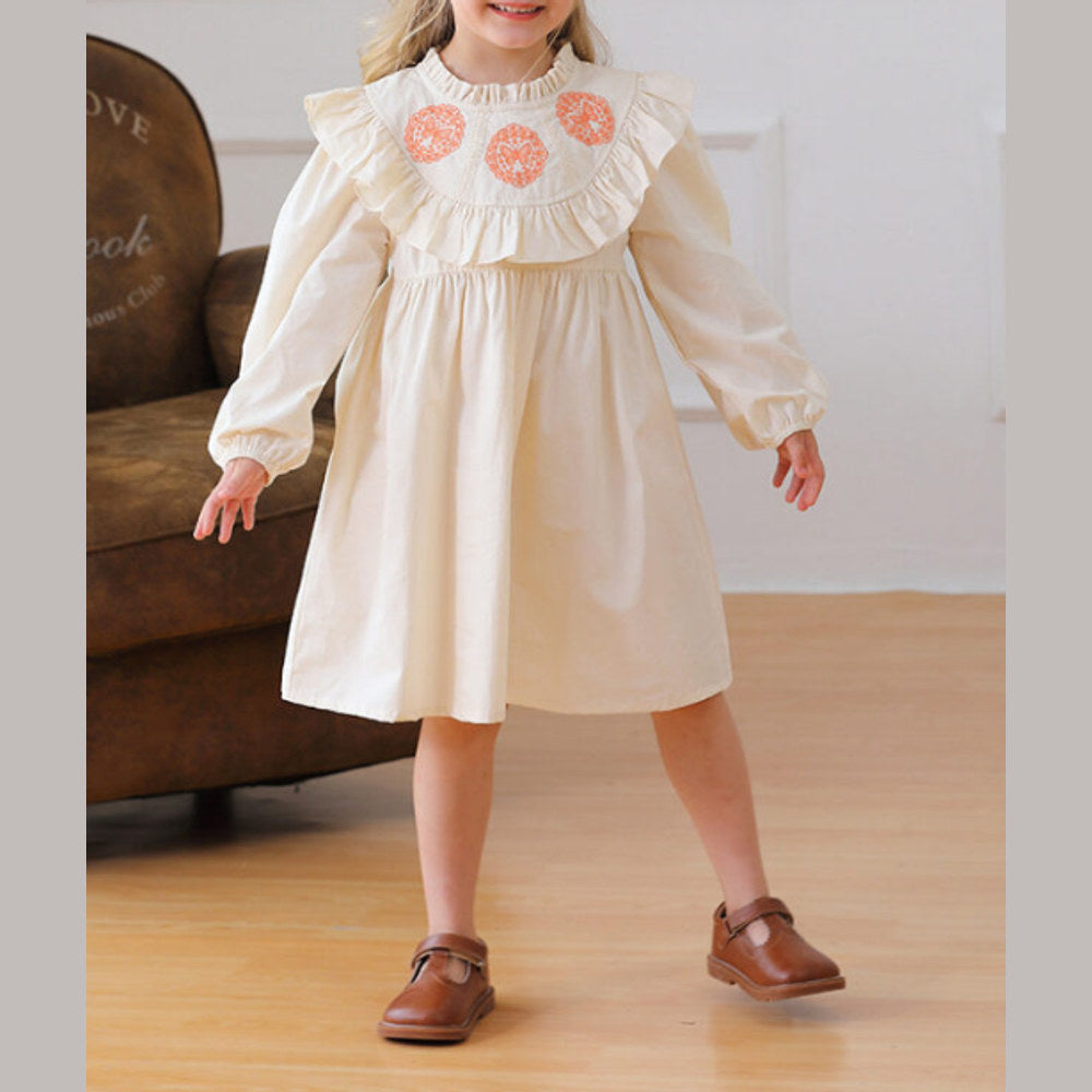 MyKids-USA® Girls Butterfly Embroidery Pattern Long Sleeves Ruffle Neck Dress