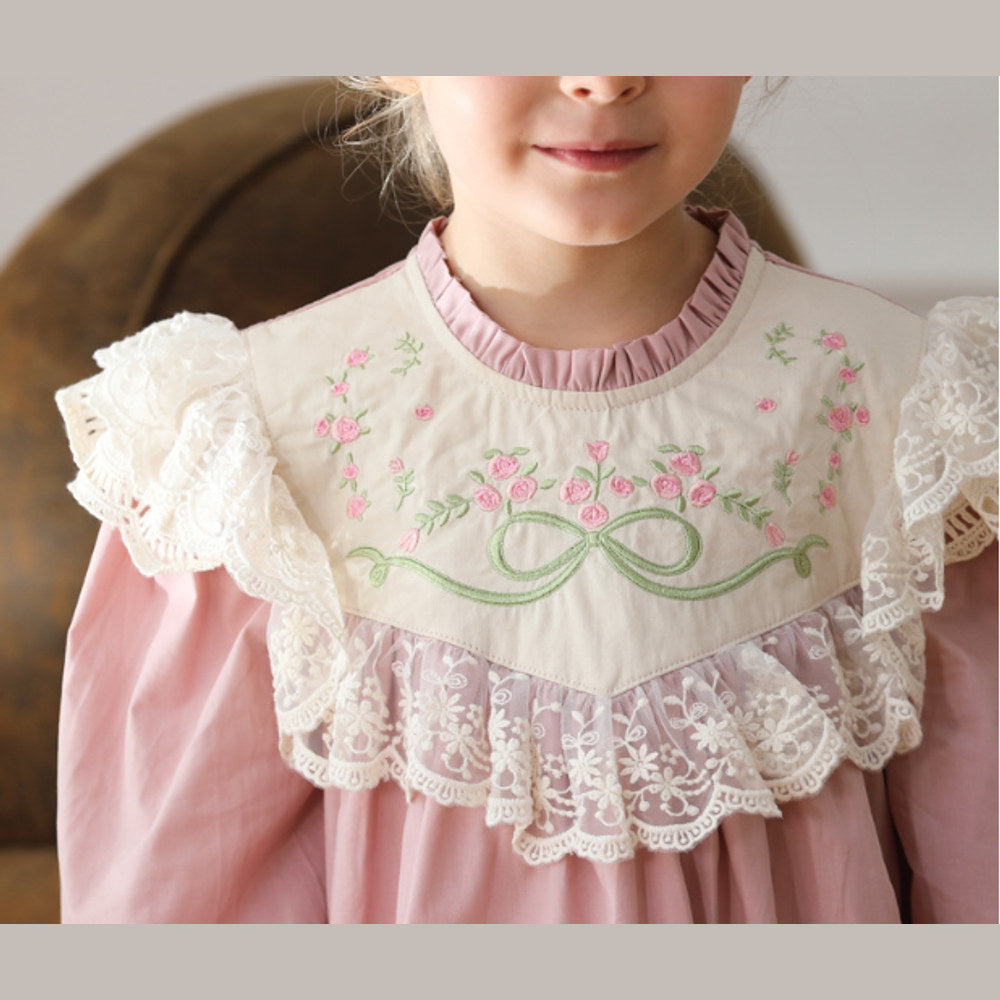 MyKids-USA® Design Girls Flowers Embroidery Pattern Long Sleeves French Style Lace Trim Dress