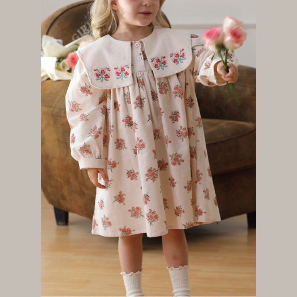 MyKids-USA® Design Girls Fashion Floral Long Sleeves Square Collar Dress