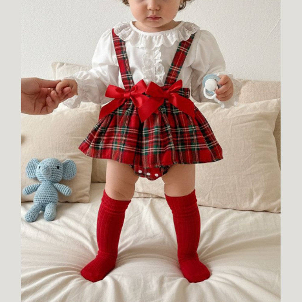 MyKids-USA® Spring and Autumn Baby Kids Girls Long Sleeves Solid Color Top and Plaid Sleeveless Bodysuit Overalls Clothing Set