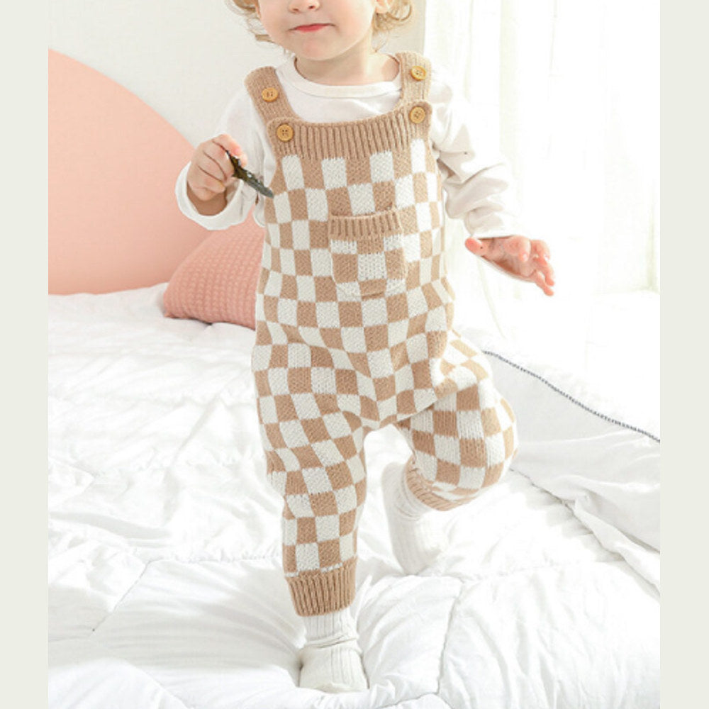 MyKids-USA® Baby Checkerboard Pattern Strap Design Knit Spring Autumn Rompers