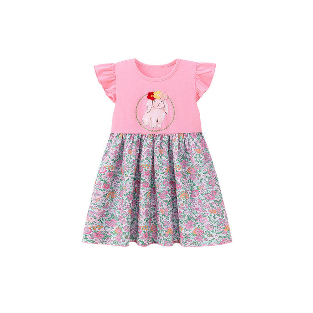 MyKids-USA® Animals Cartoon and Flowers Pattern Fly Sleeves Dress for Stylish Girls