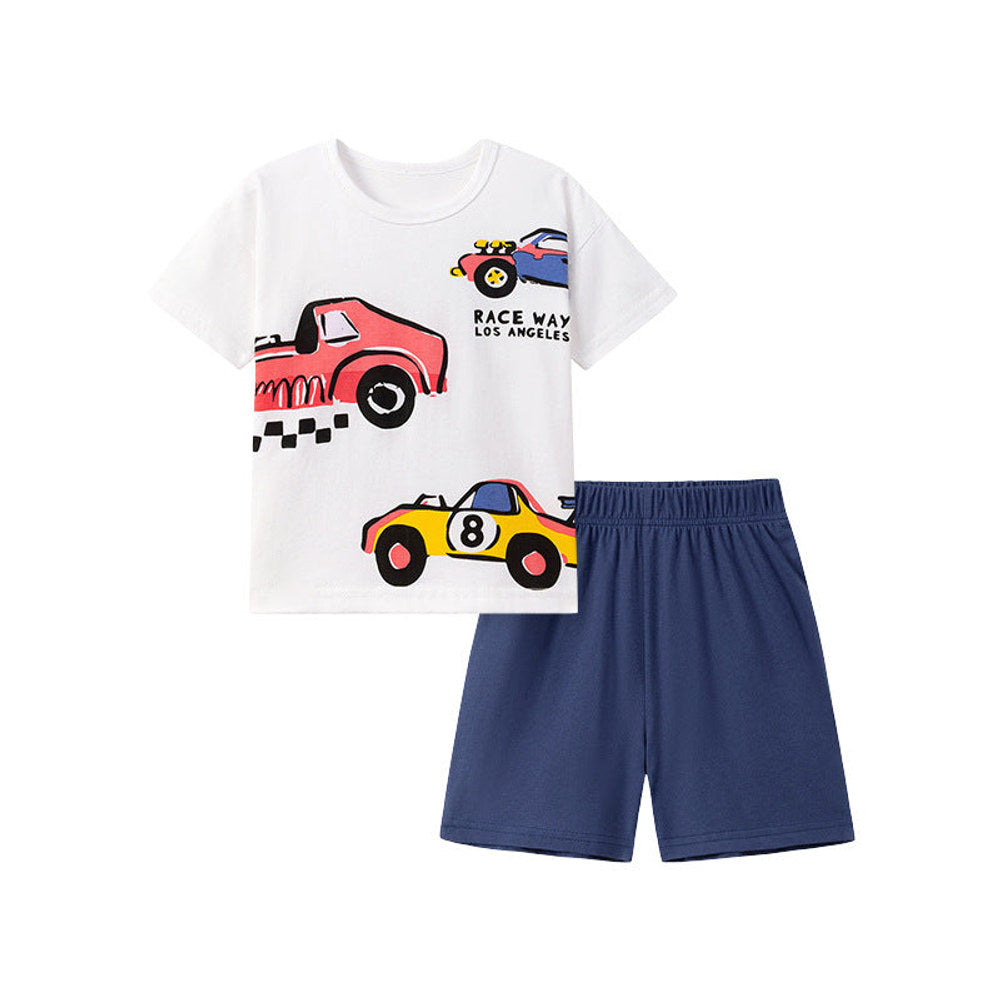 MyKids-USA® Baby Kids Boys Short Sleeves Racing Cars Cartoon Pattern T-shirt and Plain Shorts Clothing Set