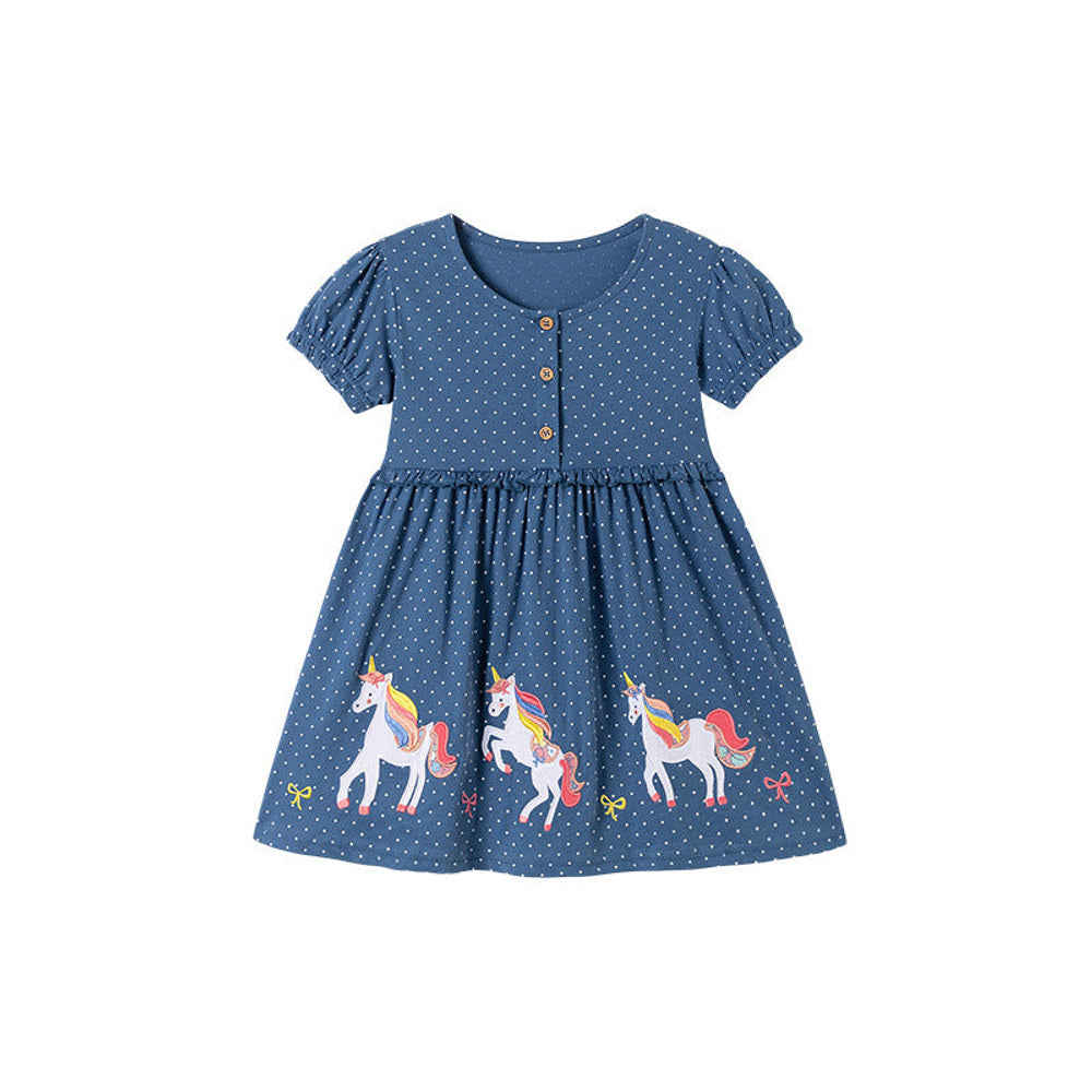 MyKids-USA® Cartoon and Dots Pattern Short Sleeves Dress for Stylish Girls