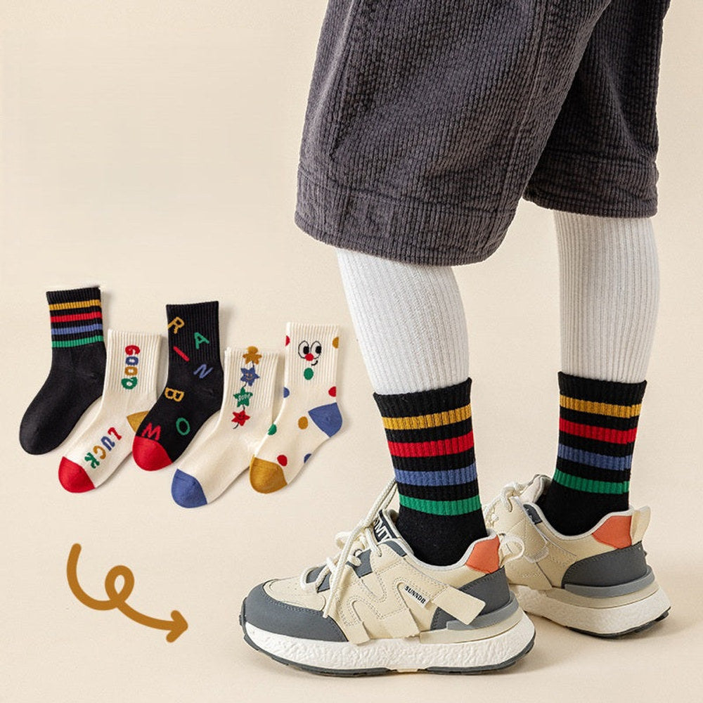 MyKids-USA® Baby Kids Unisex Breathable Casual Letters and Striped Pattern Socks 1 Lot=5-Pair Set