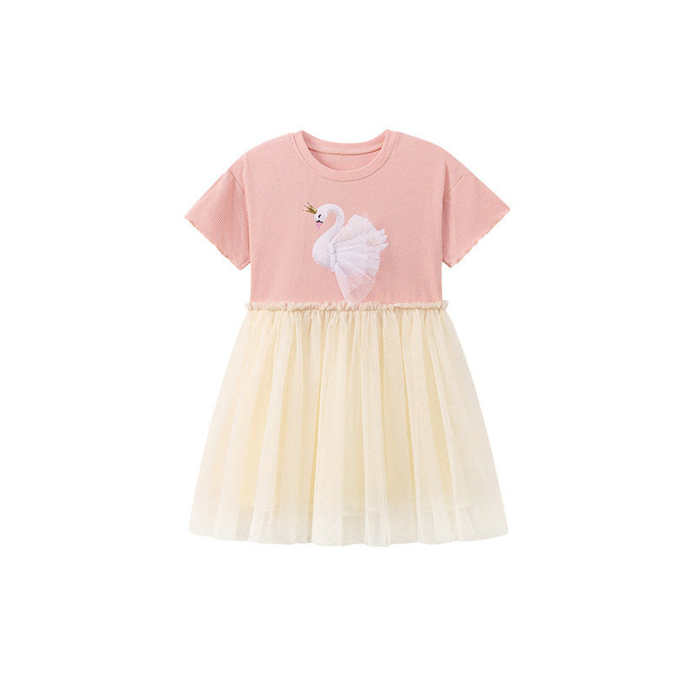 MyKids-USA® Goose Animals Pattern Short Sleeves Tulle Patchwork Dress for Stylish Girls