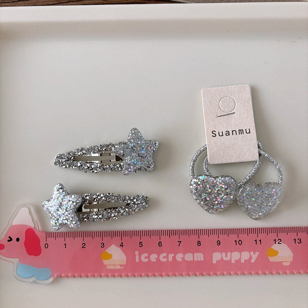 MyKids-USA® Collection of 2 Versatile Sparkling Silver Star Hair Clips and Hair Ties