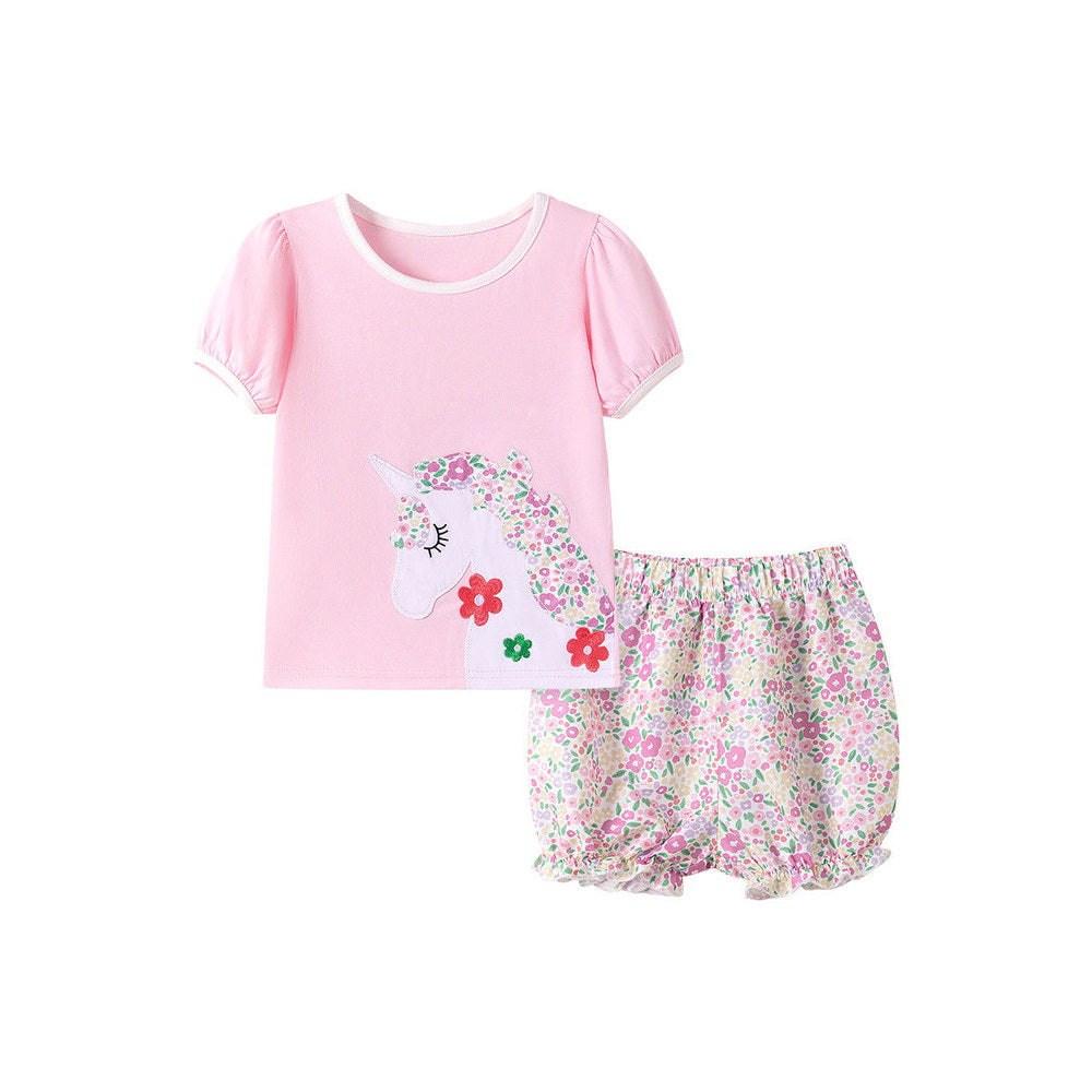 MyKids-USA® Summer Hot Selling Baby Kids Girls Short Sleeves Cartoon Pattern T-shirt and Floral Shorts Clothing Set