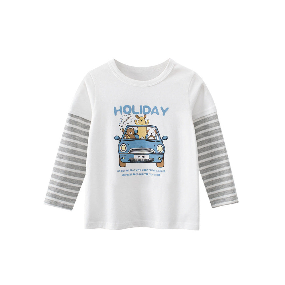 MyKids-USA® Baby Kids Unisex Letters and Cartoon Print Striped Long Sleeves Crew Neck Top Shirt