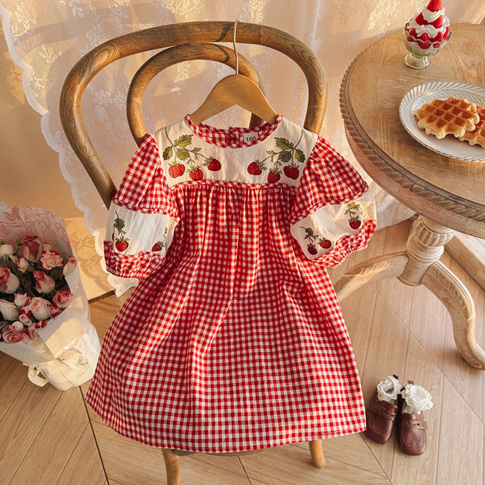 Summer Arrival Baby Girls Short Sleeves Fruits Pattern Color Patchwork Dress