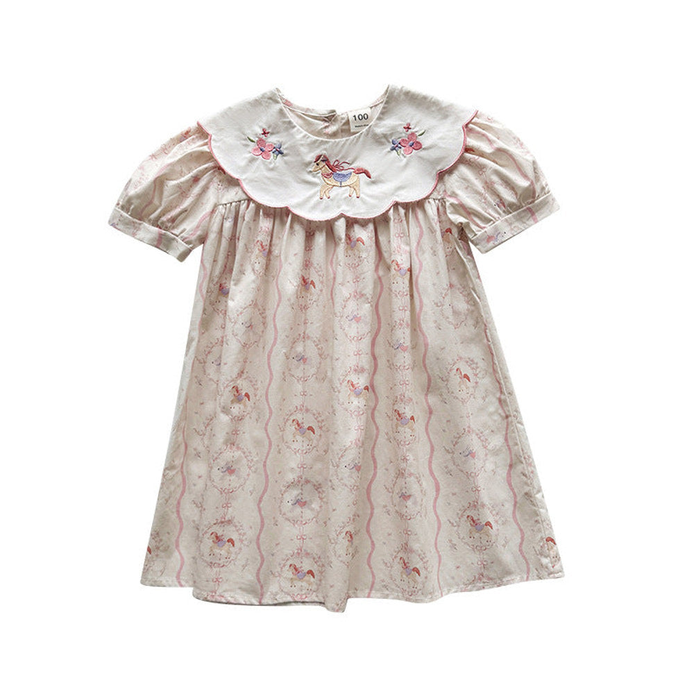 Summer Arrival Baby Girls Short Sleeves Horse Pattern Floral Dress
