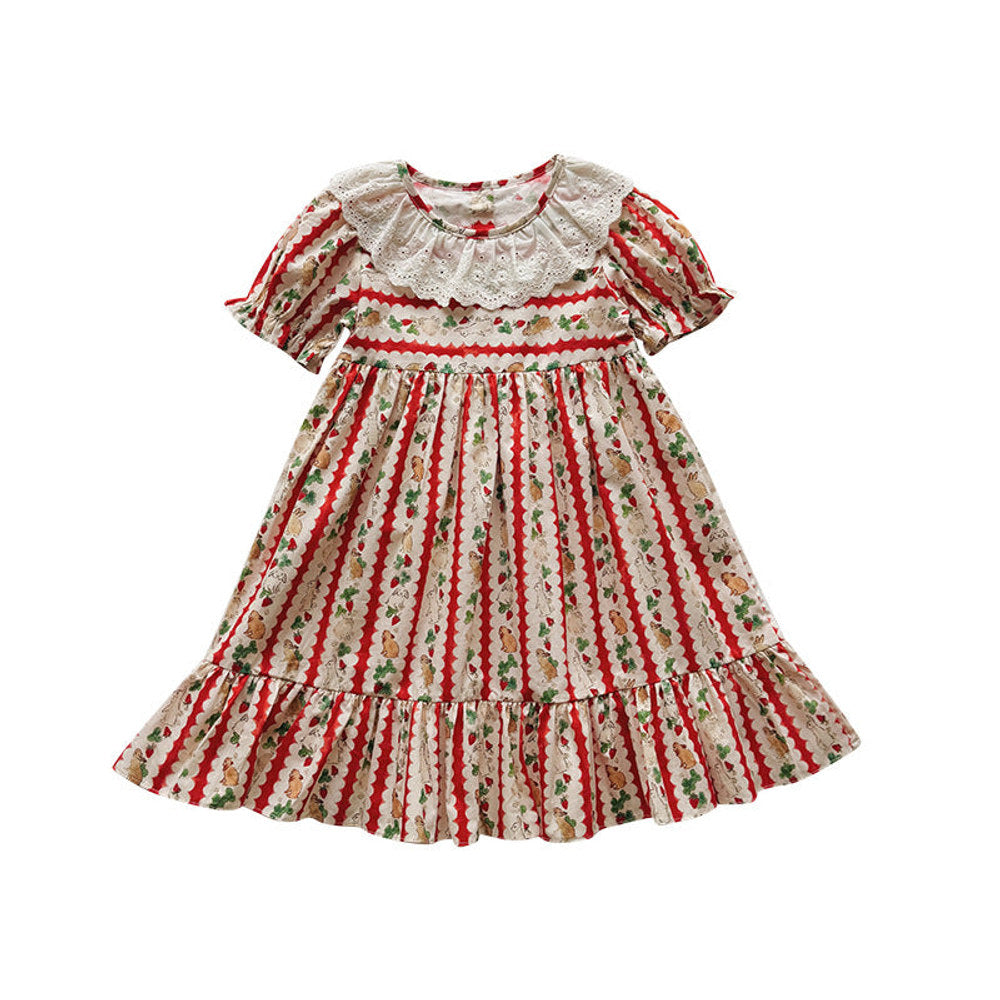 Summer Arrival Baby Girls Short Sleeves Animals and Fruits Cartoon Pattern Dress