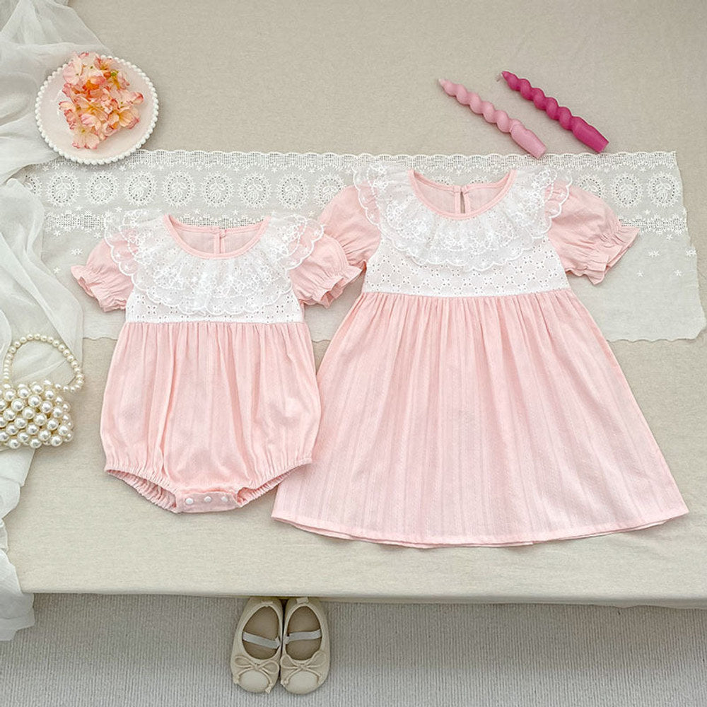 MyKids-USA® Baby Girls Color Patchwork Flowers Pattern Short-sleeved Onesies and Dress – Princess Sister Matching Set
