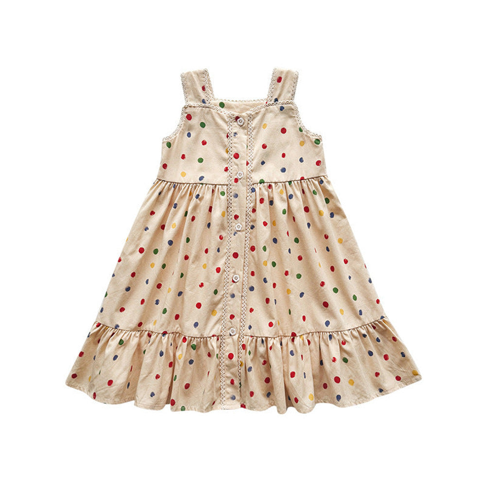 MyKids-USA® Baby Girls Sleeveless Dots Pattern Lace Trim Dress