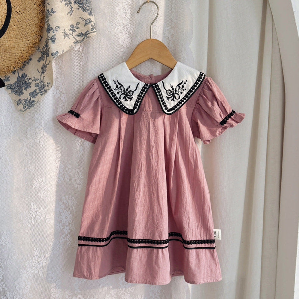 MyKids-USA® Summer Arrival Baby Girls Short Sleeves Vintage Flowers Embroidered Collar Dress