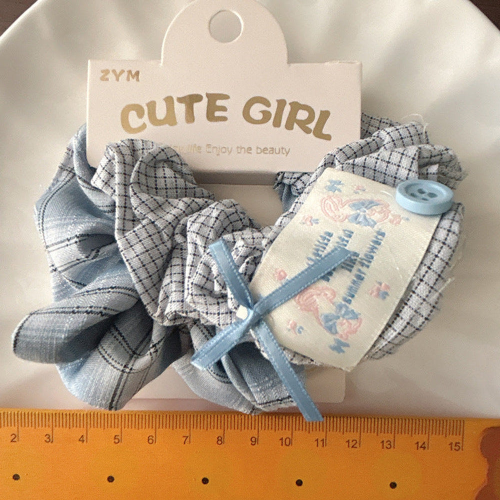 MyKids-USA® Cute Spring Ponytail Hair Tie — Blue & Pink Plaid Scrunchie with Polka Dot Bow