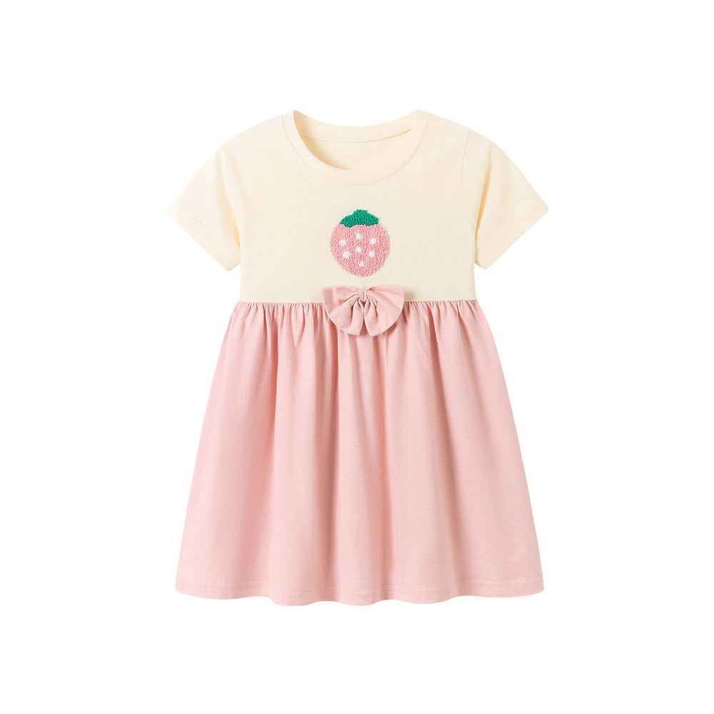 MyKids-USA® Strawberry Pattern Color Patchwork Short Sleeves Dress for Stylish Girls