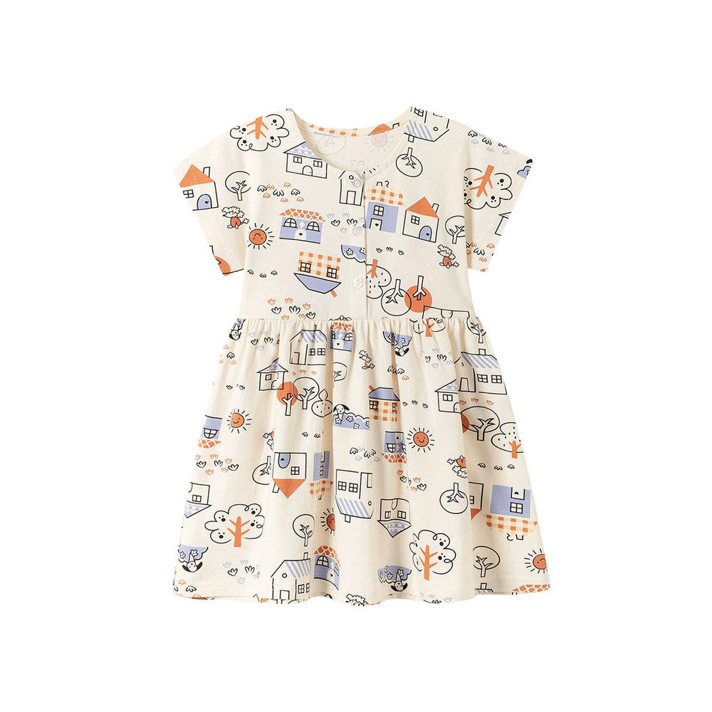 MyKids-USA® Cartoon Pattern Crew Neck Short Sleeves Dress for Stylish Girls