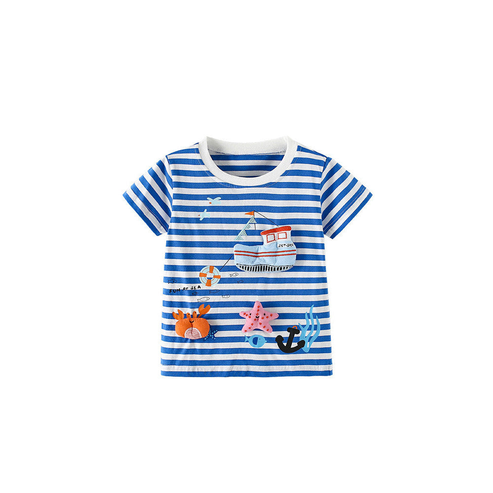 MyKids-USA® Summer Boys’ Cartoon Pattern Striped T-shirt in European and American Style
