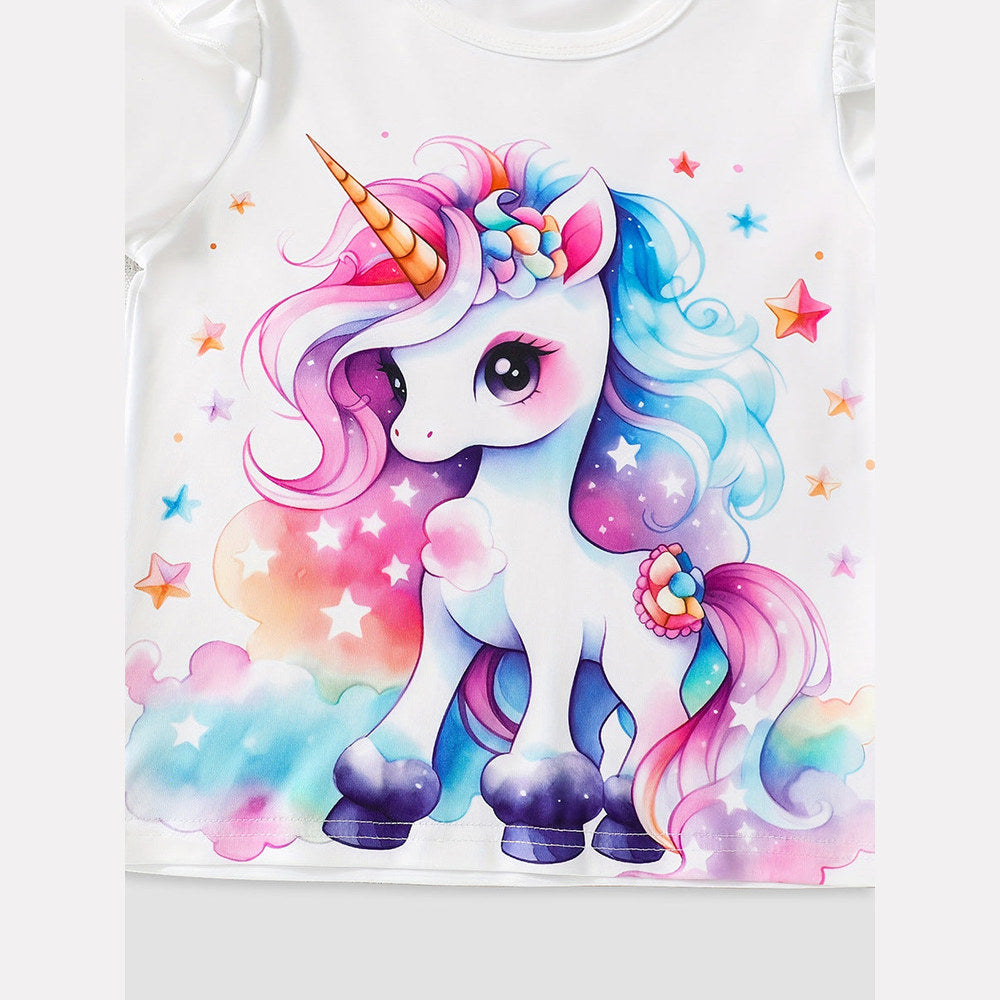MyKids-USA® Arrival Summer Baby Kids Girls Short Sleeves Stars and Unicorn Pattern T-shirt and Shorts Clothing Set