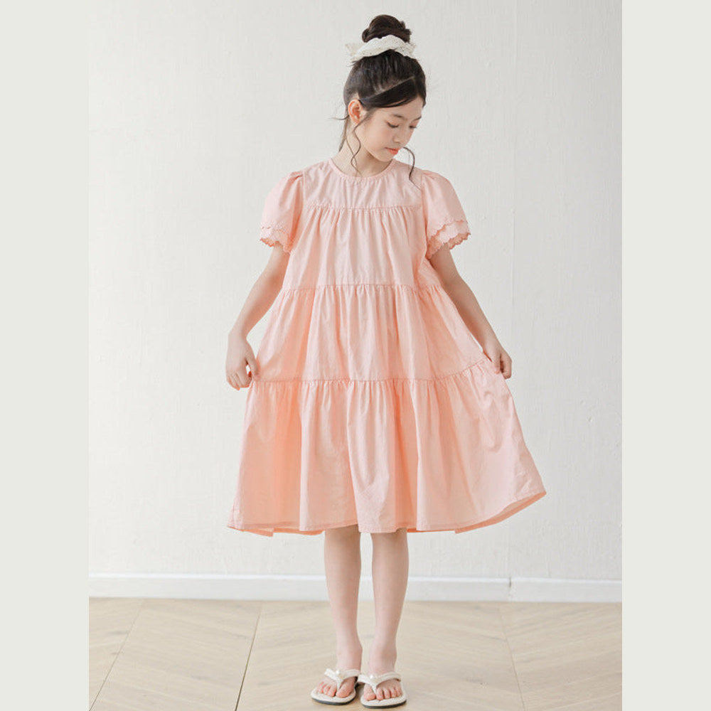 MyKids-USA® Summer Arrival Short Sleeves Pink Solid Color Dress for Stylish Girls