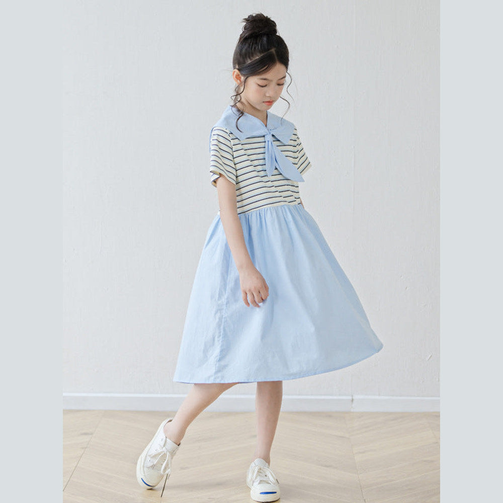MyKids-USA® Short Sleeves Striped Color Patchwork Dress for Stylish Girls