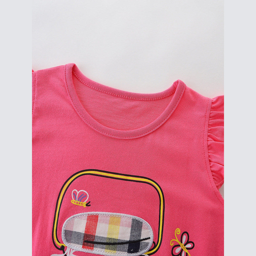 MyKids-USA® Baby Kids Girls Fly Sleeves Cartoon Pattern T-shirt and Plaid Shorts Clothing Set