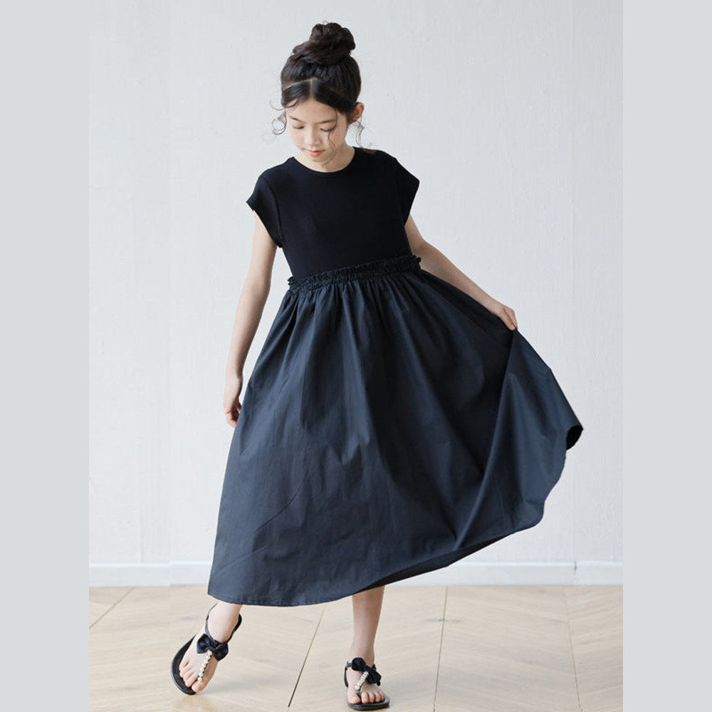 MyKids-USA® Short Sleeves Patchwork Design Black Dress for Stylish Girls