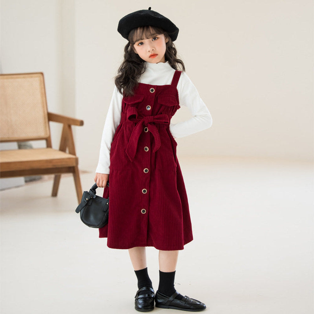 MyKids-USA® Kids Girls Long Sleeves Plain Top and Corduroy Overalls Dress Sets