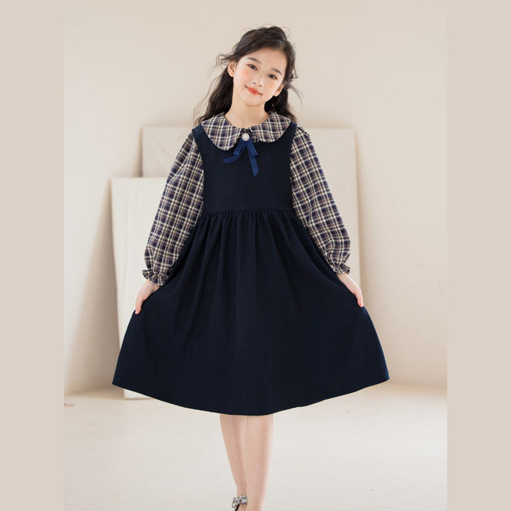 MyKids-USA® Kids Girls Long Sleeves Preppy Plaid Top and Sleeveless Dress Sets