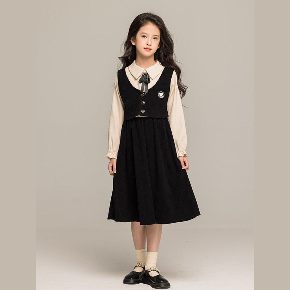 MyKids-USA® Long Sleeves Color Patchwork Preppy One-Piece Dress for Stylish Girls