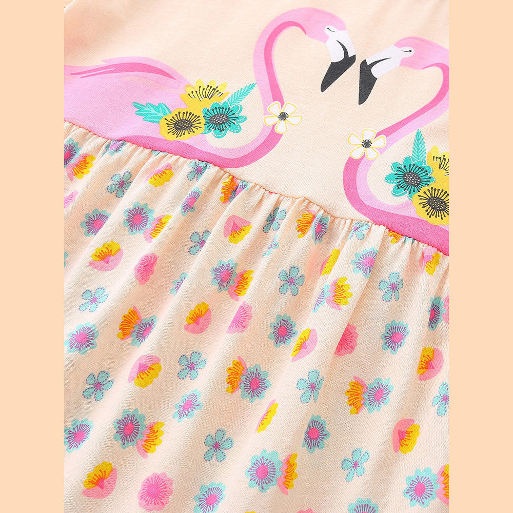 MyKids-USA® Cute Birds Cartoon Pattern Short Sleeves Floral Dress
