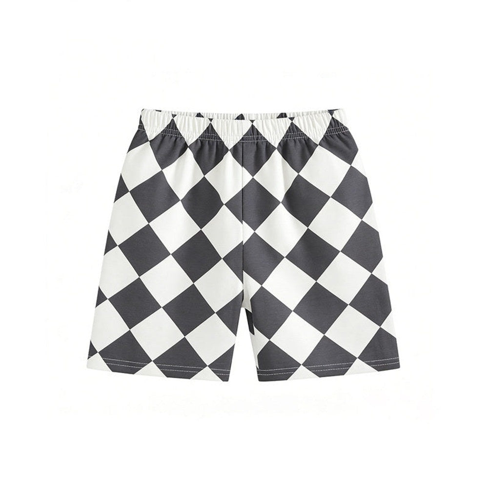 Arrival Summer Baby Kids Girls Short Sleeves Cartoon Pattern T-shirt and Argyle Pattern Shorts Clothing Set