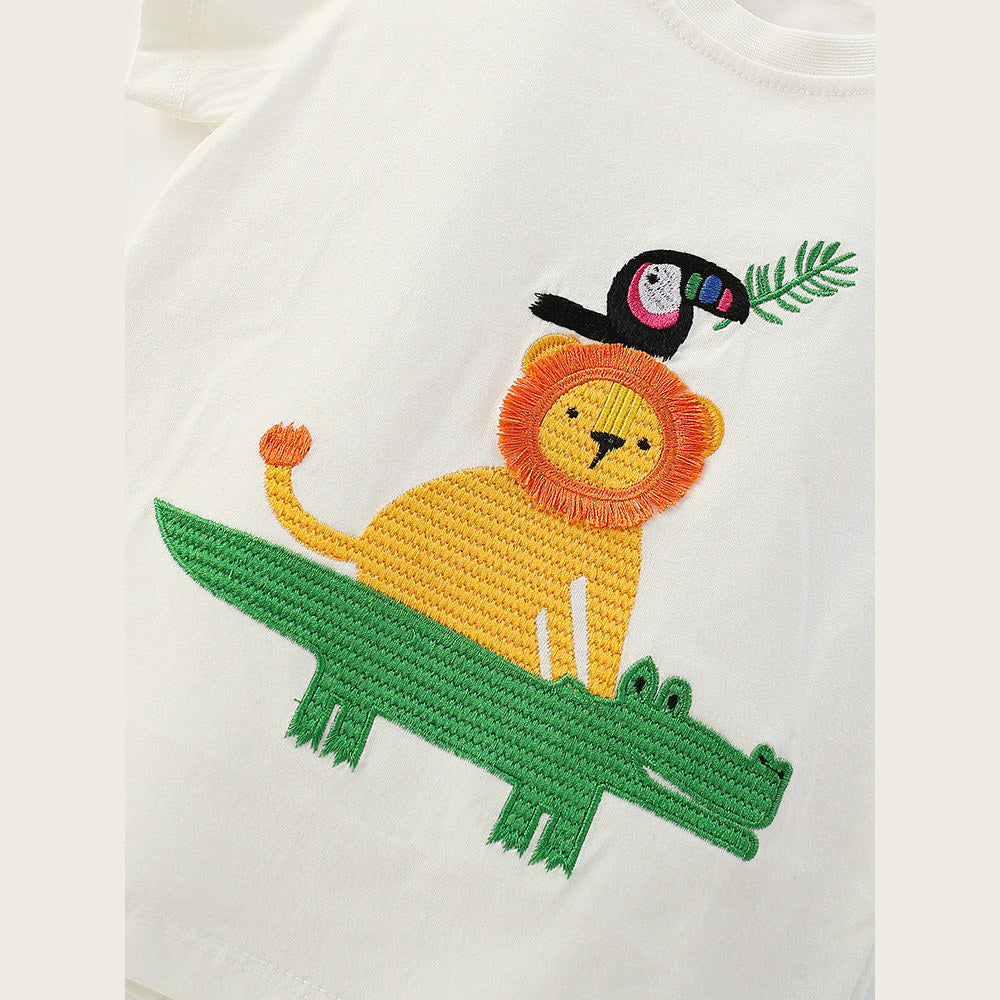 MyKids-USA® Arrival Summer Baby Kids Boys Short Sleeves Cartoon T-shirt and Plain Shorts Clothing Set
