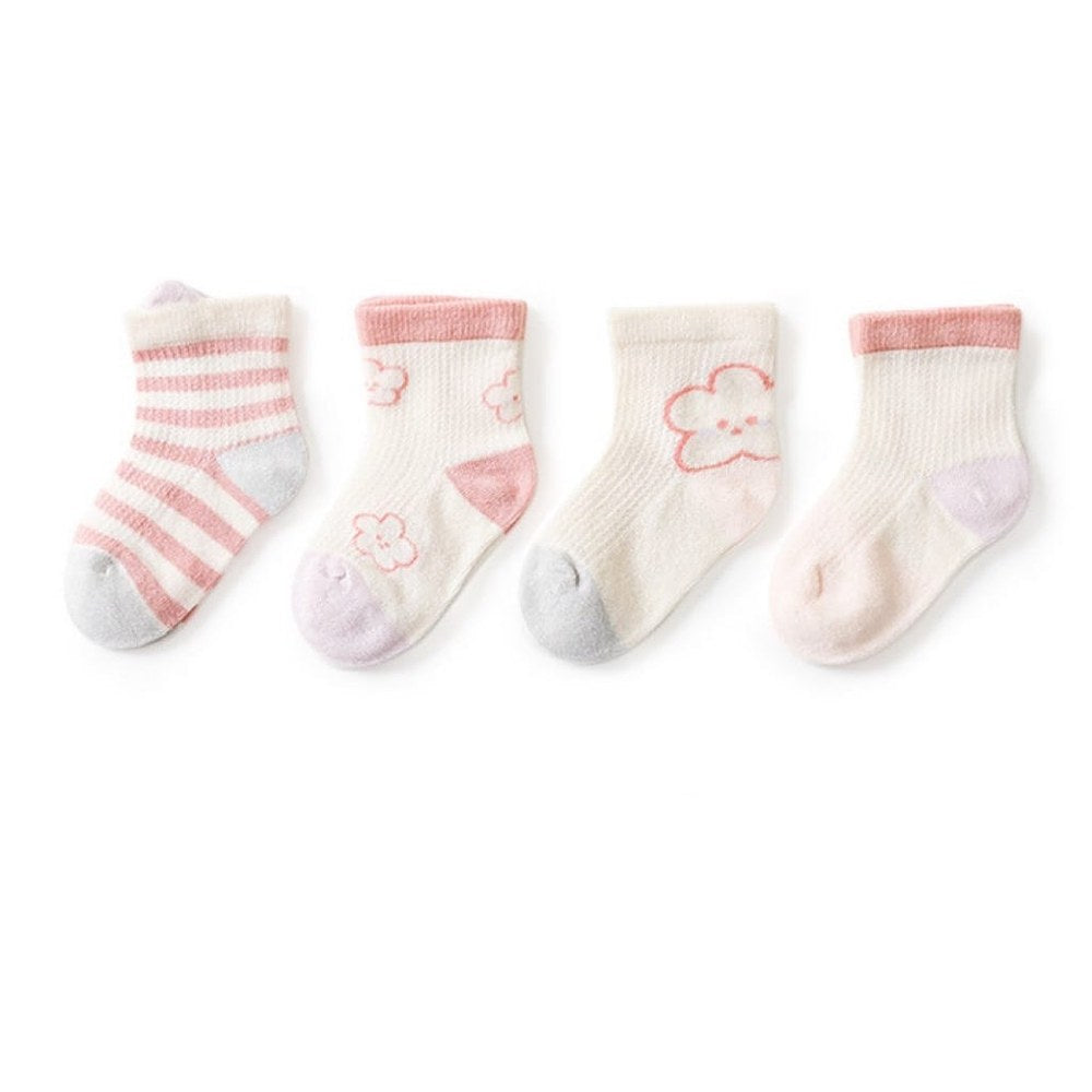 Kids Embroidered Pattern & Striped Pattern Breathable Socks 1lot =4pairs
