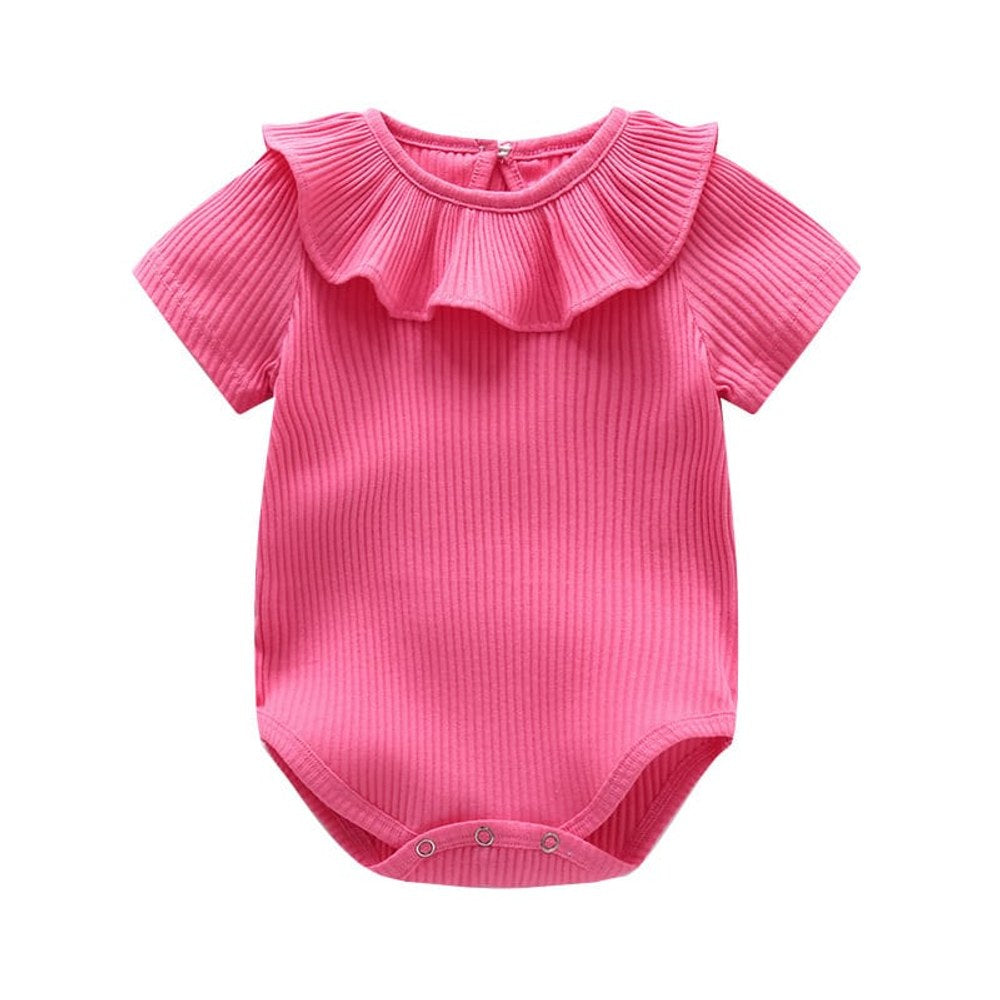 Baby Girl Solid Color Ruffle Design Short Sleeve O-Neck Bodysuit