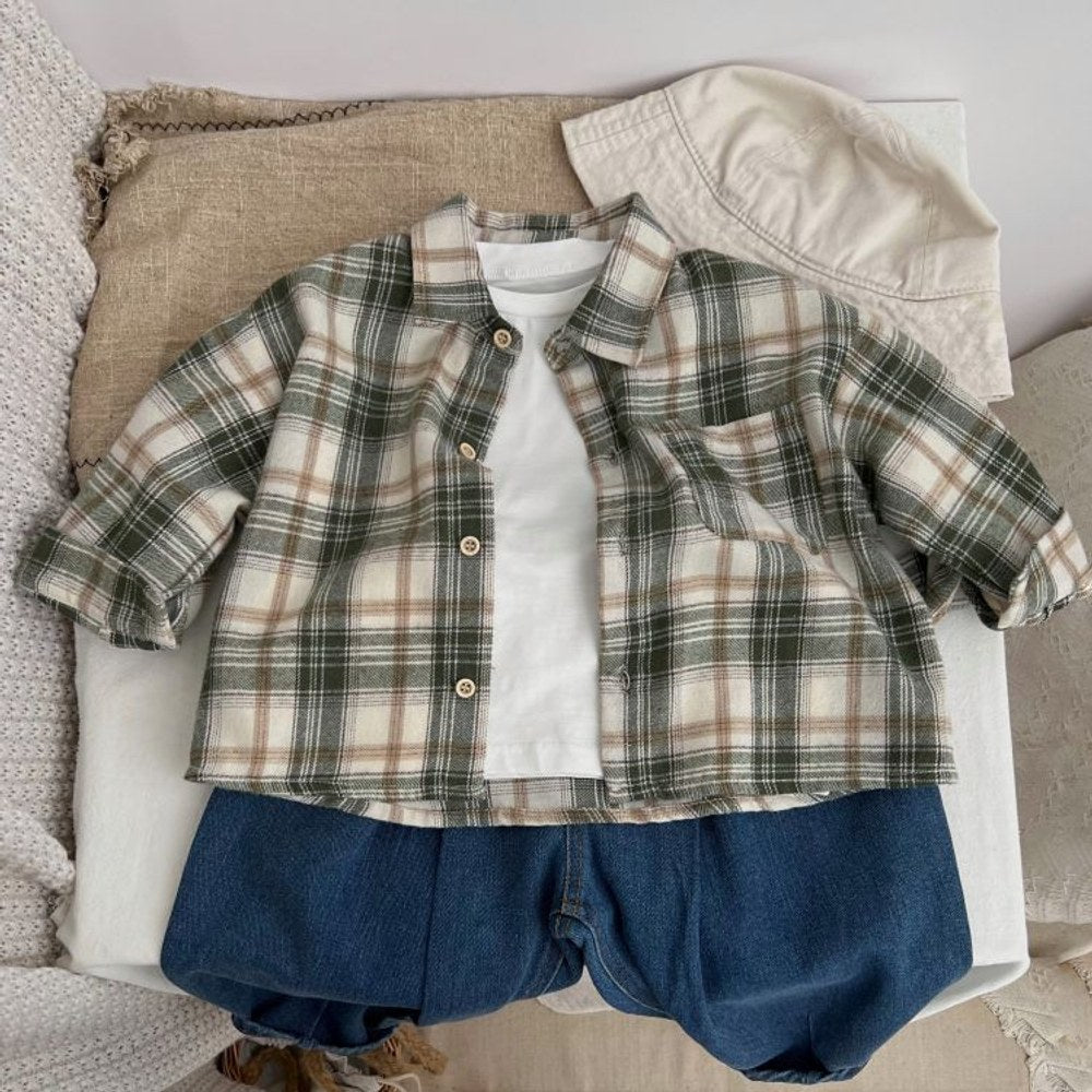Baby Plaid Pattern Single Breasted Design Polo Neck Shirt