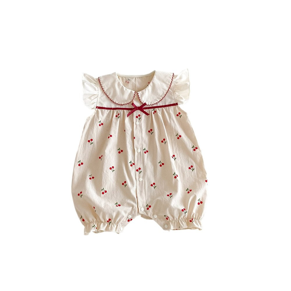 Baby Girls Cherry Print Fly Sleeves Peter Pan Collar Bodysuit
