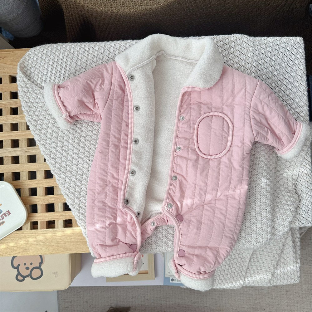 Unisex Baby's Fleece-lined Rompers with Turn-down Collar for Warmth