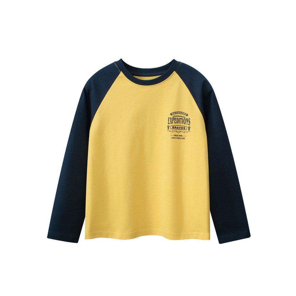 Kids Letters Pattern Crew Neck Long Sleeves Color Patchwork Top
