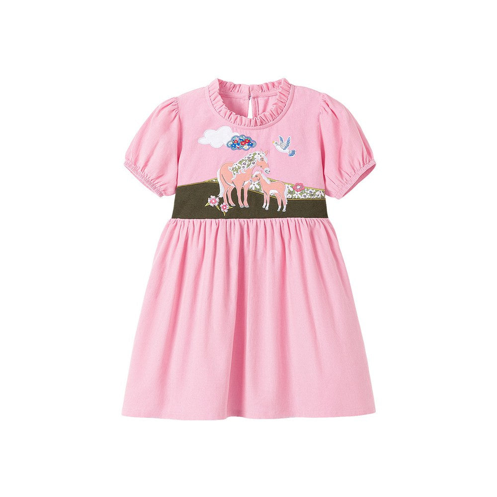 Animals Pattern Short-sleeved Pink Dress with Ruffle Neck for Stylish Girls