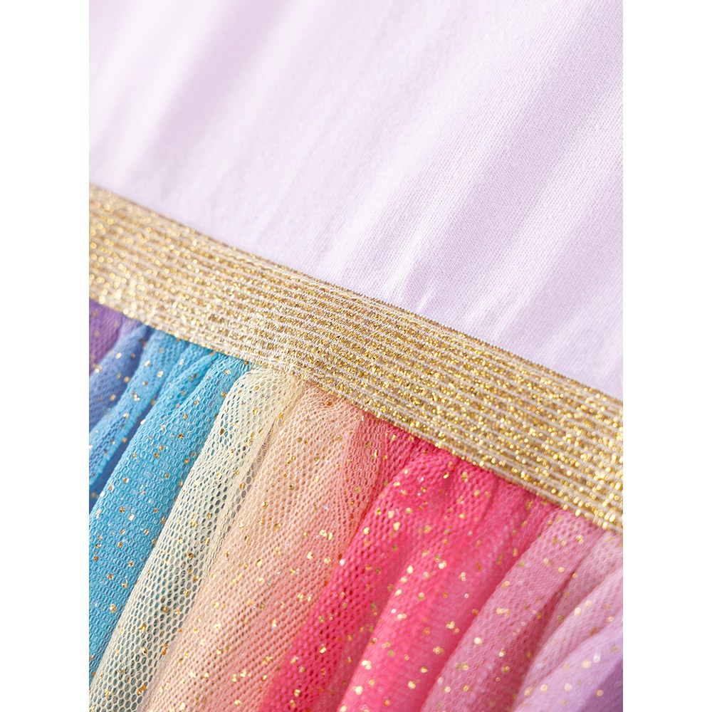 Animals Pattern Fly-sleeved Pink Dress with Colorful Tulle for Stylish Girls