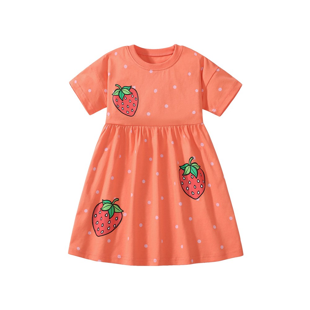 Pure Cotton Cartoon Strawberry Pattern Short Sleeves Dress for Stylish Girls